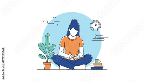 Young woman sitting cross legged on the floor while focused on writing or studying in her notebook with books and a plant nearby.