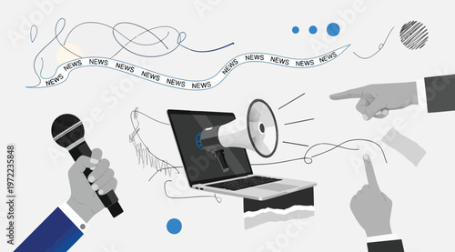 Digital news and media communication concept with laptop, megaphone, microphone, and pointing hands