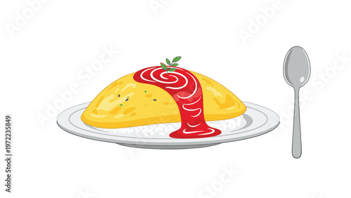 Classic Japanese omurice dish featuring a fluffy yellow omelet over rice topped with a swirl of red tomato ketchup.