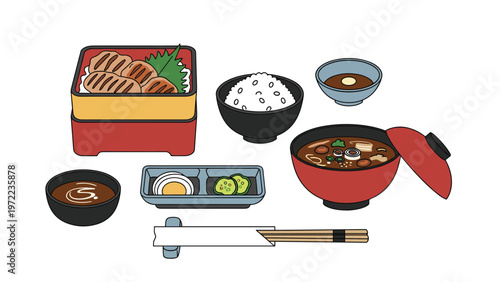Traditional Japanese teishoku meal set featuring meat in a box, rice, miso soup, pickles, and dipping sauces with chopsticks.