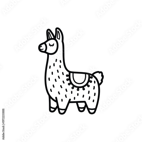 A simple black and white illustration of a llama with a saddle