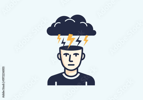 頭の上に暗い雲と雷が描かれ、ストレスや怒りを感じている人物のイラストです。