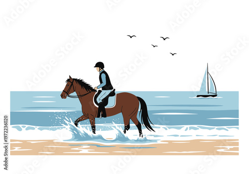 馬に乗った騎手が海辺の水辺を歩いている様子を描いたイラストです。