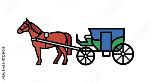 馬が引く馬車のイラストで、シンプルな線画とカラフルな色使いが特徴的です。