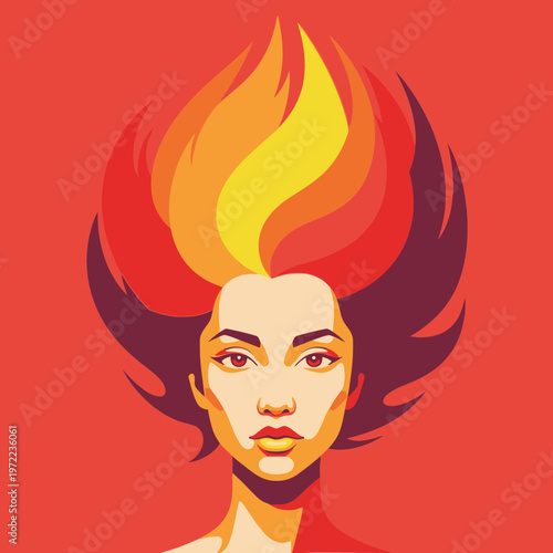 髪が火のように燃える女性のイラスト、強い表情と鮮やかな色彩が特徴的です。