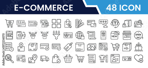 Outline E-commerce Icon Set in Line Art Style for Online Shopping, Shopping Cart, Payment, Delivery, Sale, Product Listing, Checkout, and Digital Interface Design
