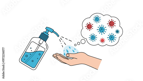 Important hygiene concept showing hands receiving liquid from a sanitizer bottle with a thought bubble of virus particles.
