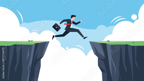 Brave businessman in a suit jumping over a dangerous gap between two high mountain cliffs towards a bright sky with clouds.