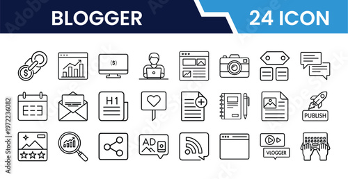 Outline Blogger Icon Set in Line Art Style for Blogging, Writing, Content Creation, Articles, Social Media, Online Publishing, and Digital Interface Design