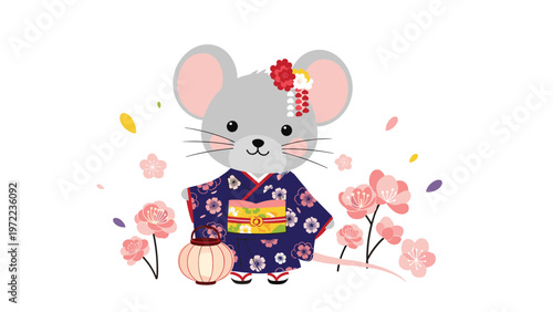 Cute grey mouse character wearing a traditional dark blue floral kimono and holding a paper lantern for a celebration.