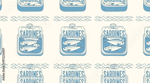 Seamless pattern with hand drawn sardine cans and wavy lines on a light background