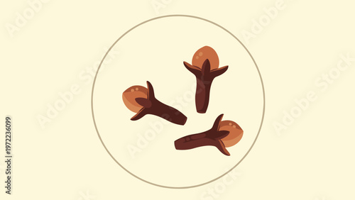 Small group of three brown aromatic dried cloves used for cooking and spices isolated within a thin circle on a warm background.