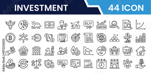 Outline Investment Icon Set in Line Art Style for Finance, Stock Market, Growth, Profit, Risk Management, Portfolio, and Digital Interface Design