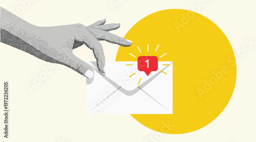 Illustration of a hand holding a white envelope with a red notification badge showing the number one