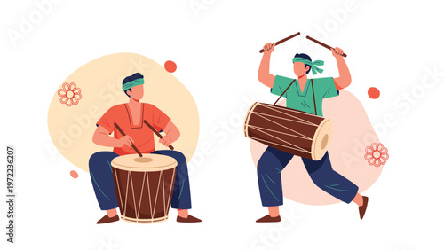 Two men in traditional colorful clothing playing large drums with sticks as part of a cultural performance or festival.