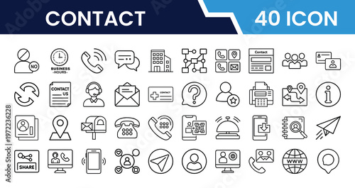 Outline Contact Icon Set in Line Art Style for Phone, Email, Message, Support, Call Center, Location, and Digital Interface Design
