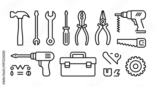 Minimal Tool Line Icon Set Repair, Construction and Equipment Symbols