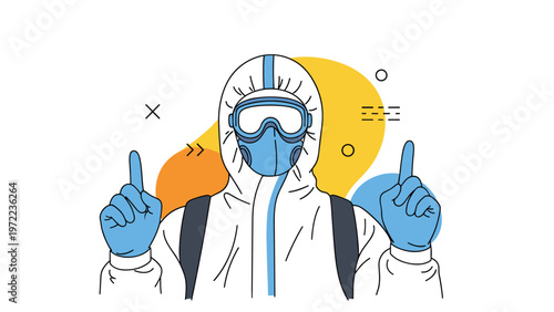 Healthcare worker in a full white hazmat suit, goggles, and respirator mask pointing up with both hands for safety awareness.