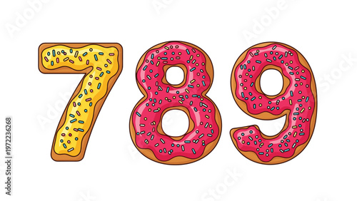 Sweet numbers seven eight and nine designed as delicious glazed donuts with colorful sprinkles and pink yellow frosting on white background.