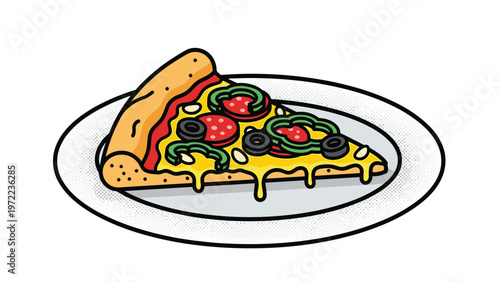 Mouth-watering slice of pepperoni pizza with melted cheese, green peppers, and black olives served on a white plate.