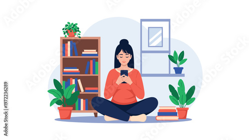 Young woman sitting in lotus pose on the floor at home while using her smartphone for relaxation and digital mindfulness practice indoors.