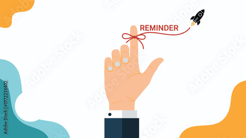 Human hand with a red string tied on finger and a rocket taking off representing a powerful reminder for a startup project launch event.