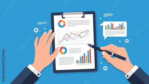 Top view of professional hands analyzing financial data reports and charts on a clipboard over a blue background for business planning task.