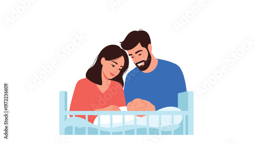 New parents looking at their sleeping baby in a blue crib expressing love and care for the newborn.
