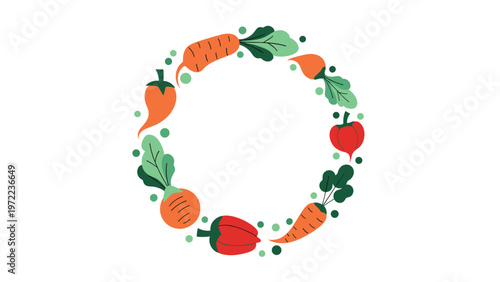 Circular vegetable wreath design featuring carrots peppers radishes and green peas arranged in a ring on white background.