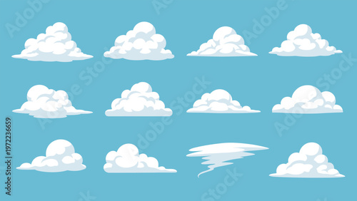 Set of twelve different fluffy white clouds and one tornado shape isolated on a clear blue sky background for various nature design ideas.