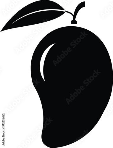 A simple black silhouette depicts a ripe mango with a stem and single leaf