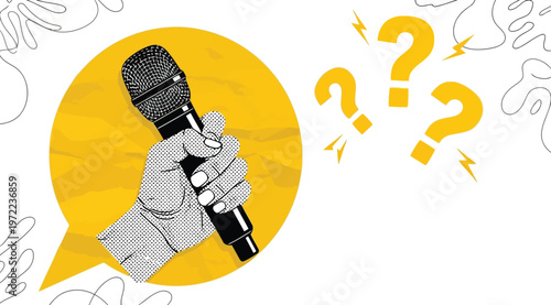 Hand holding a microphone in a speech bubble with question marks