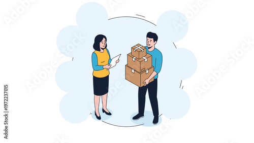 Delivery service worker and female customer checking a shipment of several cardboard boxes and a delivery list for order verification process.