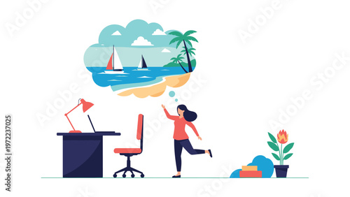 Office worker standing by her desk dreaming of a tropical beach holiday with palm trees and sailboats.