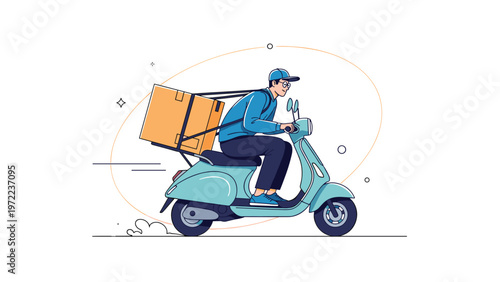 Fast delivery service courier riding a blue motor scooter with a large cardboard box on the back for quick package transport in city.