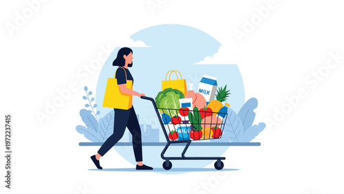 Young woman pushing a shopping cart filled with fresh fruits and vegetables while walking through a sunny park.