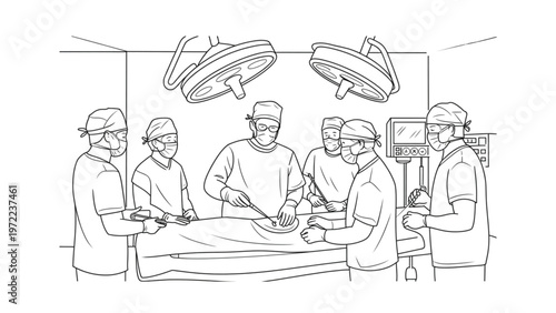 Vintage illustration of a group of people gathered around a table with books and papers Vector