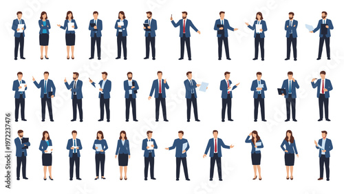 Large group of professional business characters in blue suits holding various documents and performing office tasks.