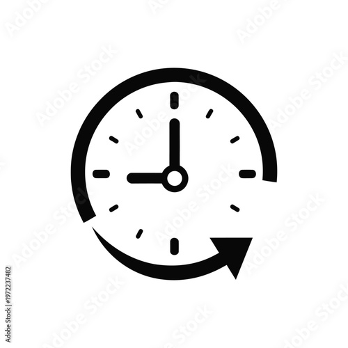 A simple black and white icon of a clock with an arrow circling around it