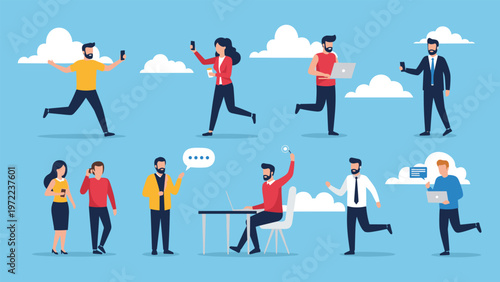 Collection of people in various everyday activities like running, using gadgets, and working against a cloud sky.