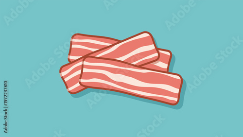 Simple cartoon illustration of three strips of raw streaky bacon with red meat and white fat on blue background.