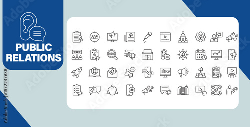 Public relations concept banner with communication media marketing and branding line icons set