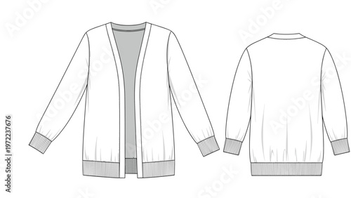 Fashion technical drawing of an open front long sleeved cardigan for women shown in both front and back views.
