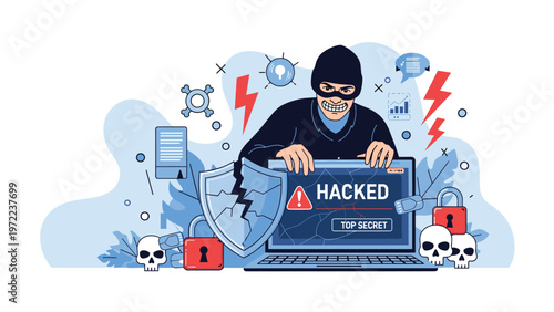 Hacker in a mask and hoodie attacking a laptop showing a hacked screen with security locks and skulls.