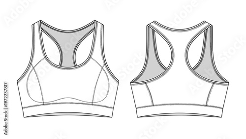 Fashion flat sketch of a women's racerback athletic sports bra shown from both the front and back perspectives.