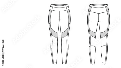 Technical fashion drawing of women's athletic leggings with stylish mesh inserts shown in both front and back views.
