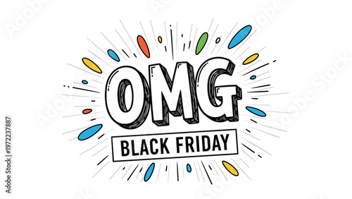 Creative Black Friday promotional graphic with hand drawn text and various vibrant colorful abstract shapes on white.