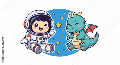 Adorable Astronaut and Cute Dragon Friends Smiling in Space Together.