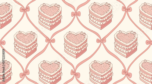 Seamless pattern with heartshaped cakes and pink ribbons