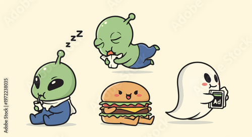 Adorable Cartoon Aliens and Ghost Enjoying Food and Rest.